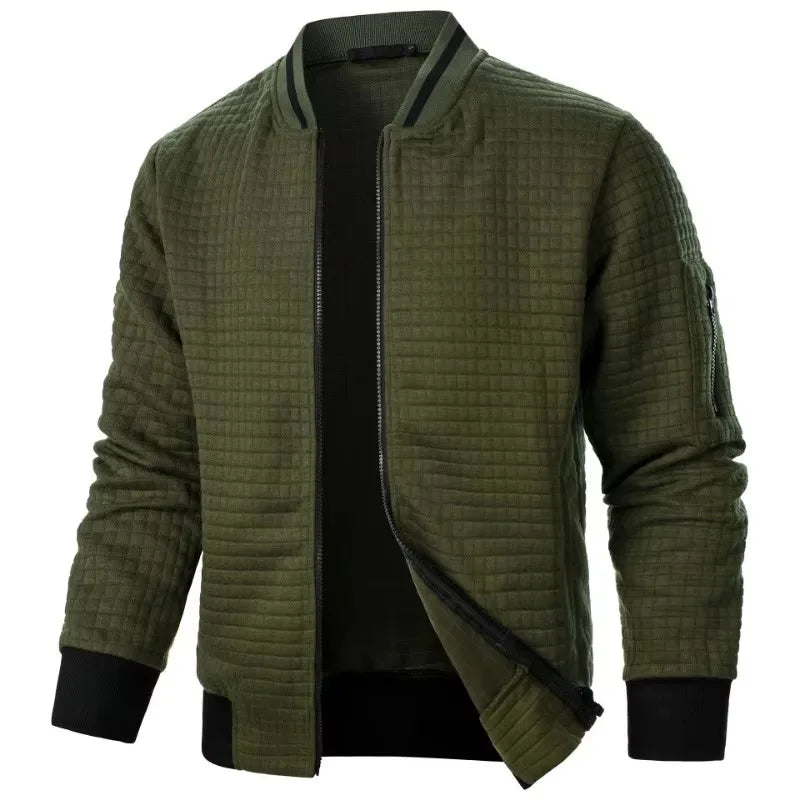 Men's baseball jacket in army green textured fabric with black trim stand-up collar, cuffs and hem - streetwear hoodie jacket, side angle view