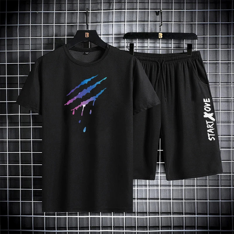 Men's summer 2-piece set in black with colorful claw print t-shirt and matching shorts - short sleeve casual outfit, front view