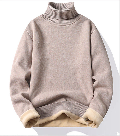Slim-Fit-Herren-Rollkragenpullover in Taupe mit cremefarbenen Bündchen – Polyesterstrick, langärmelig für lässige Looks, Vorderansicht
