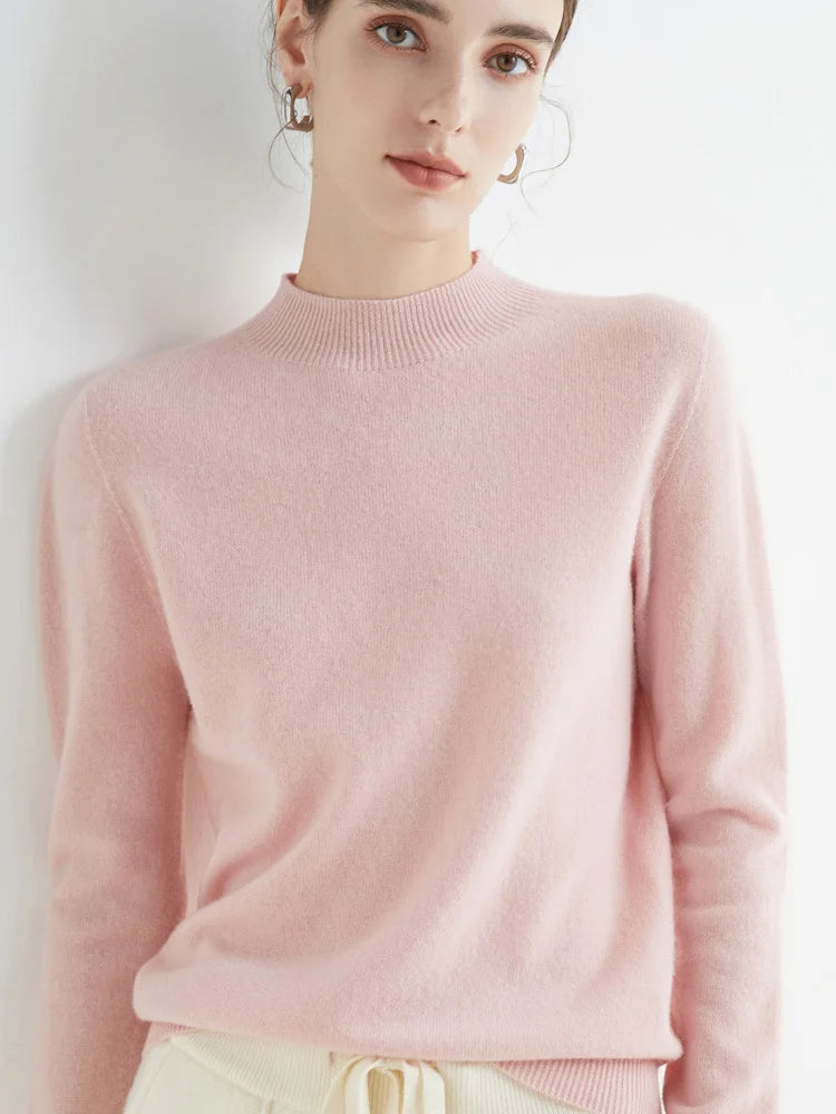 Women's mock neck pullover sweater, soft knit, pink, front view casual outfit