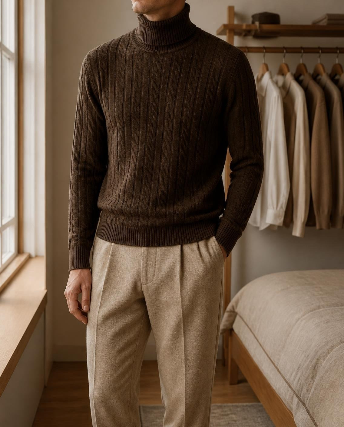 Man wearing a chocolate brown cable-knit turtleneck with beige trousers