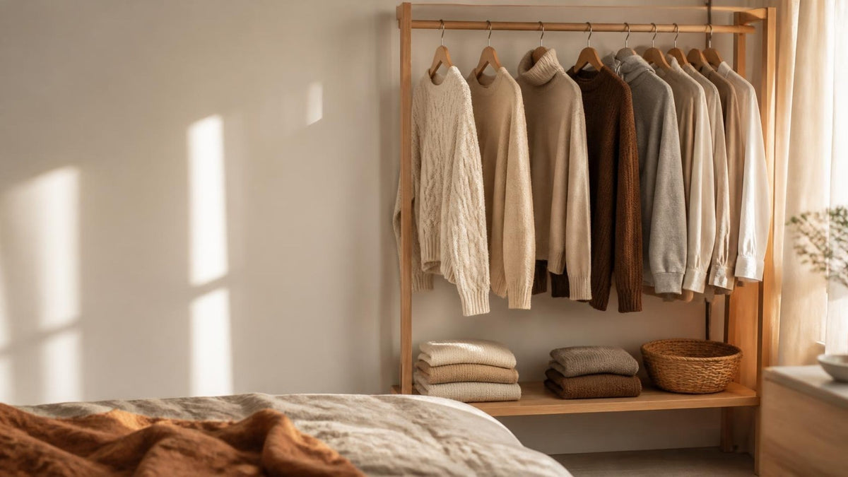 Wooden clothing rail with neutral knitwear in a warm, sunlit bedroom