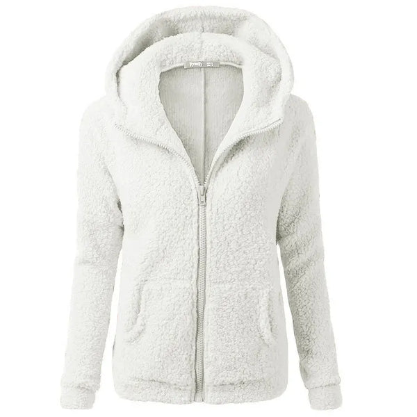 Women's sherpa fleece zip-up hoodie in white - front view
