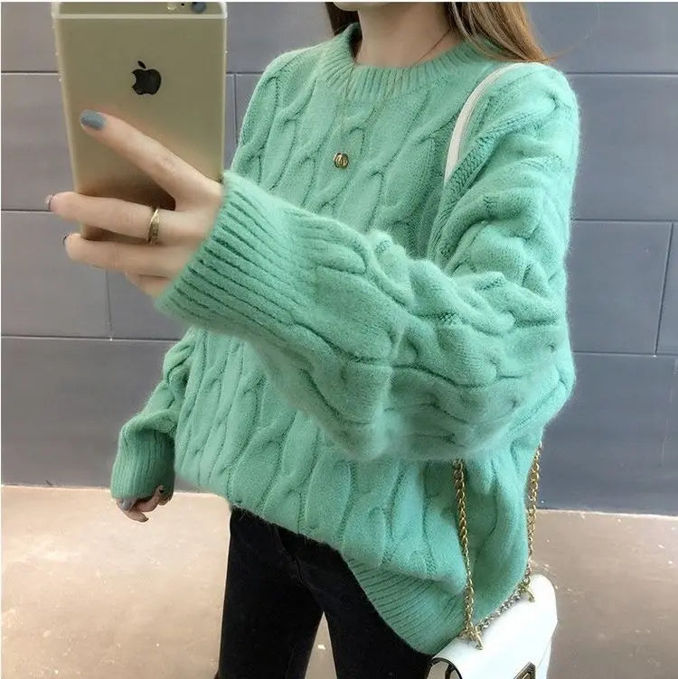 Women's mint green twisted cable knit cashmere sweater loose fit O-neck pullover lifestyle