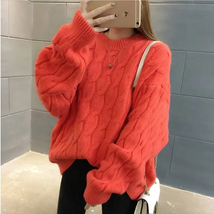 Women's coral red twisted cable knit cashmere sweater lifestyle outfit loose fit