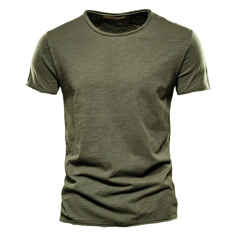 Olive green men's 100% cotton t-shirt with O-neck and short sleeves on white background