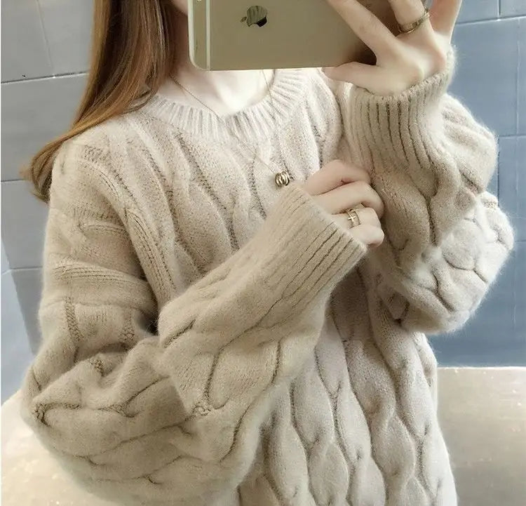 Women's cream beige twisted O-neck cashmere sweater loose fit pullover winter knitwear