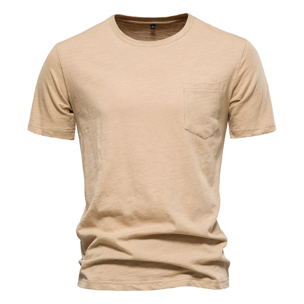 Men's 100% cotton O-neck t-shirt in beige with chest pocket and short sleeves, front view