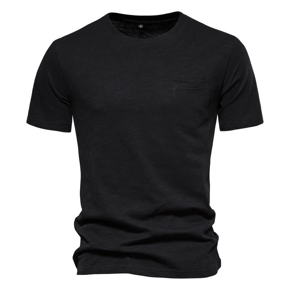 Men's 100% cotton O-neck t-shirt in black with chest pocket and short sleeves, front view