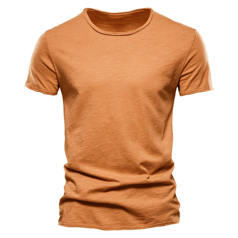 Men's 100% cotton O-neck t-shirt in burnt orange without chest pocket and short sleeves, front view