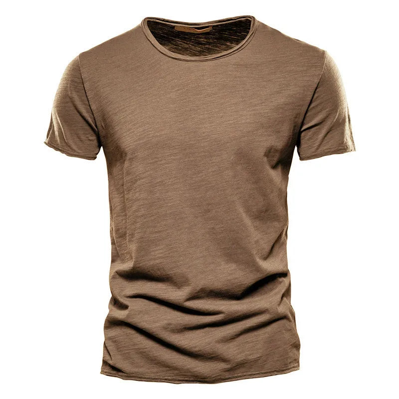 Men's 100% cotton O-neck t-shirt in khaki brown with short sleeves, front view