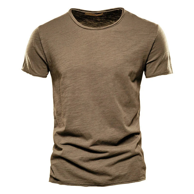 Men's 100% cotton O-neck t-shirt in khaki brown without chest pocket and short sleeves, front view
