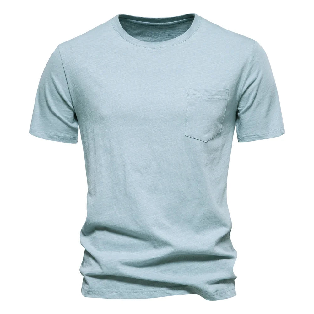 Men's 100% cotton O-neck t-shirt in mint green with chest pocket and short sleeves, front view