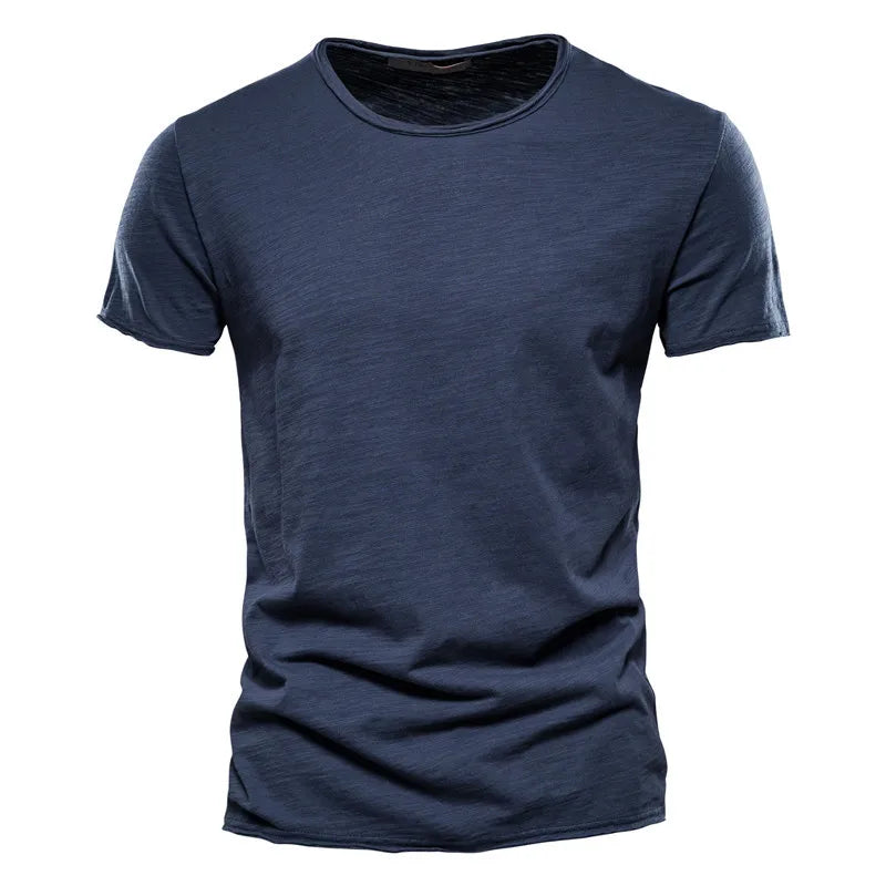 Men's 100% cotton O-neck t-shirt in navy blue without chest pocket and short sleeves, front view
