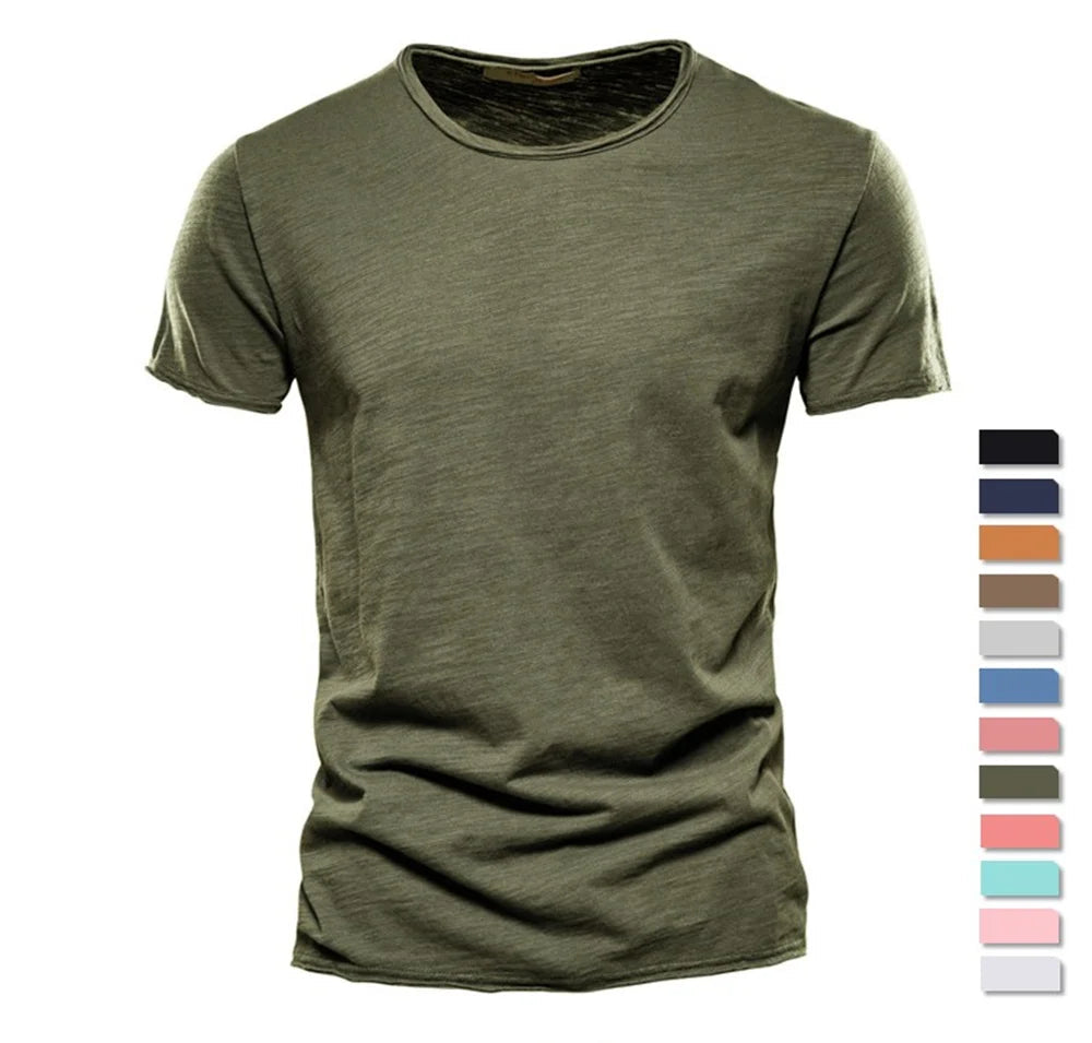 Men's 100% cotton O-neck t-shirt in olive green with color swatches showing available color options, front view
