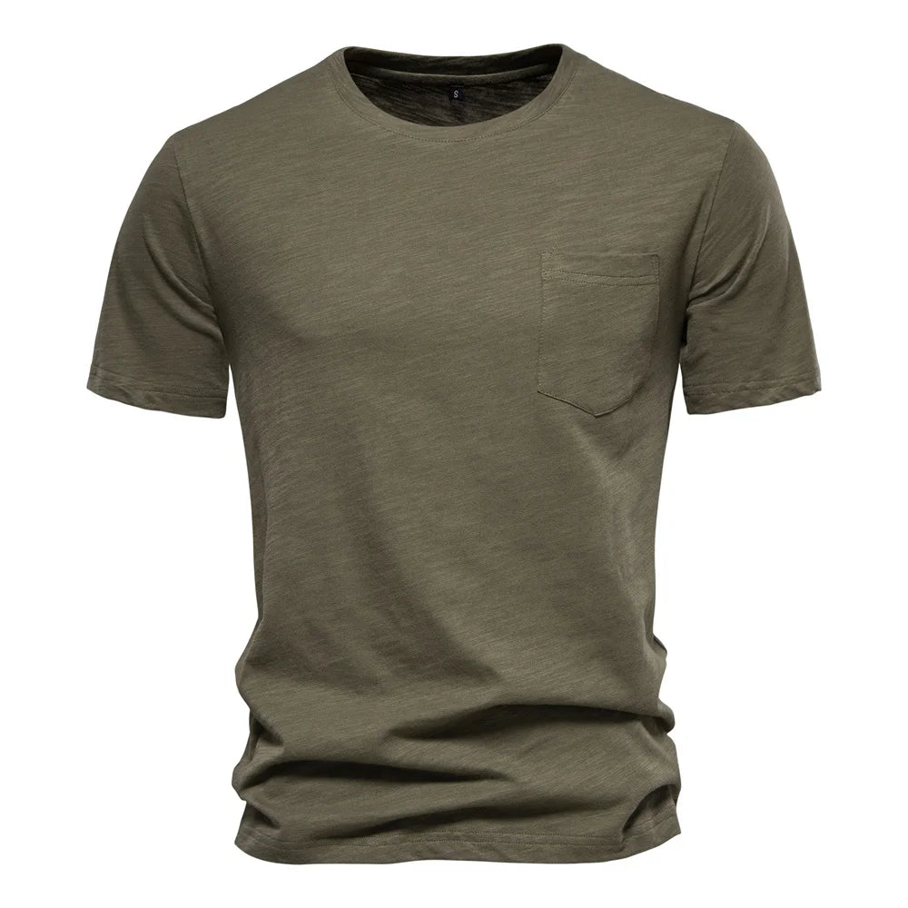 Men's 100% cotton O-neck t-shirt in olive green with chest pocket and short sleeves, front view
