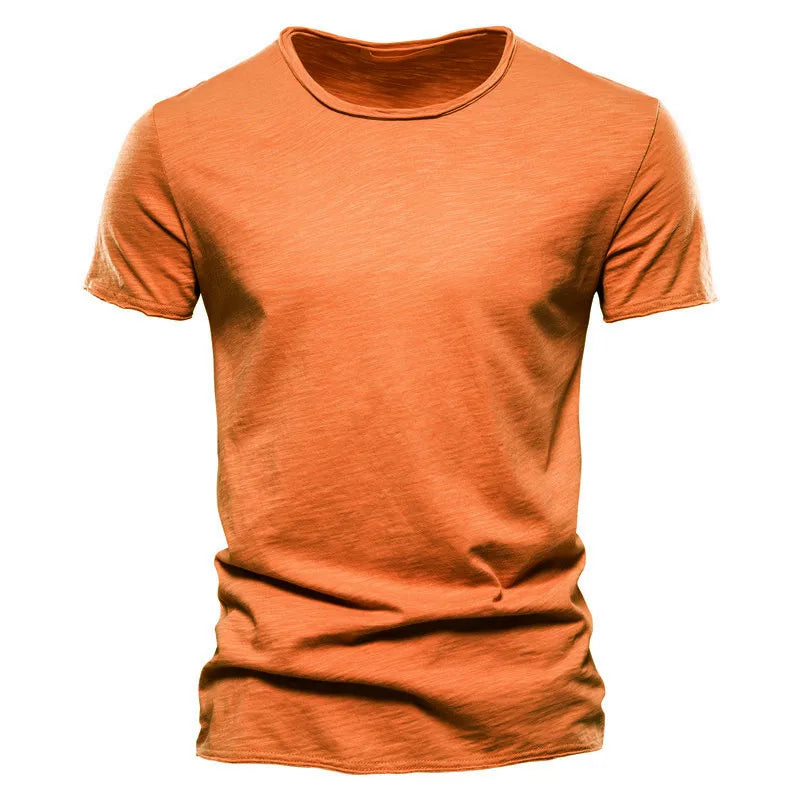 Men's 100% cotton O-neck t-shirt in orange with short sleeves, front view