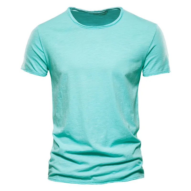 Men's 100% cotton O-neck t-shirt in turquoise without chest pocket and short sleeves, front view
