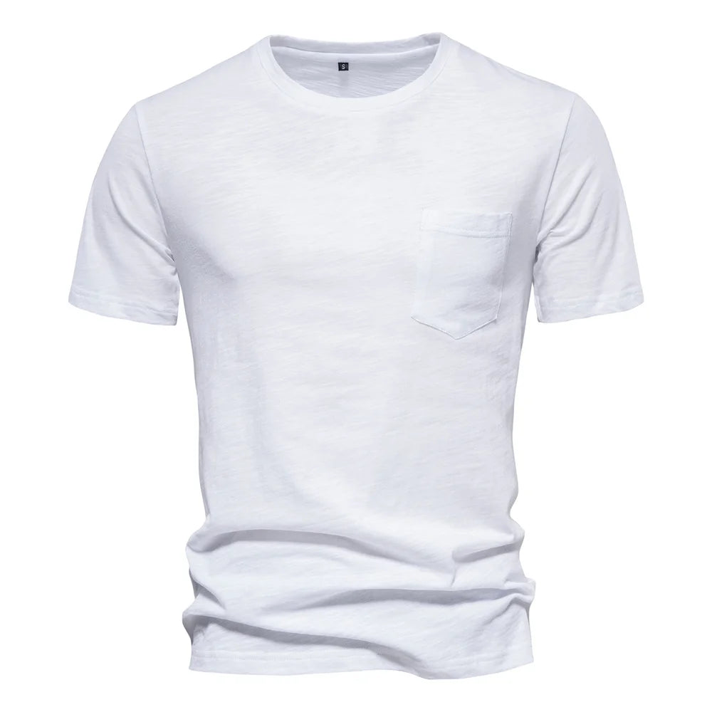 Men's 100% cotton O-neck t-shirt in white with chest pocket and short sleeves, front view