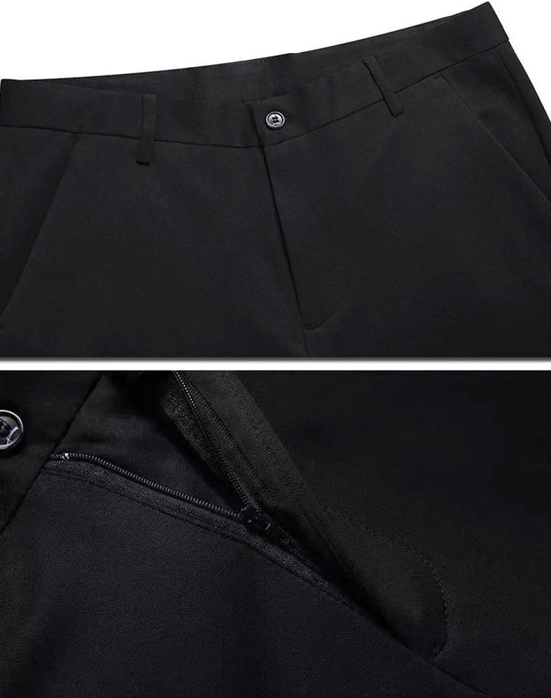 Men's 4-way stretch dress pants, black, back pocket and zipper detail, close-up