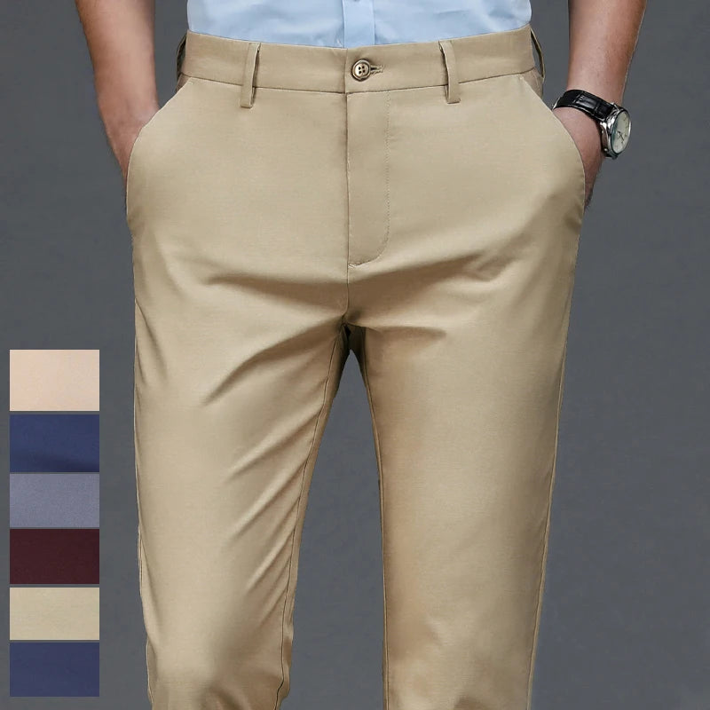 Men's 4-way stretch dress pants, khaki, front view with available color options