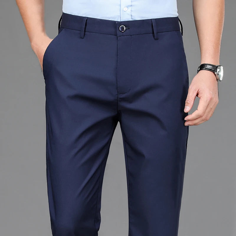 Men's 4-way stretch dress pants, navy blue, front view