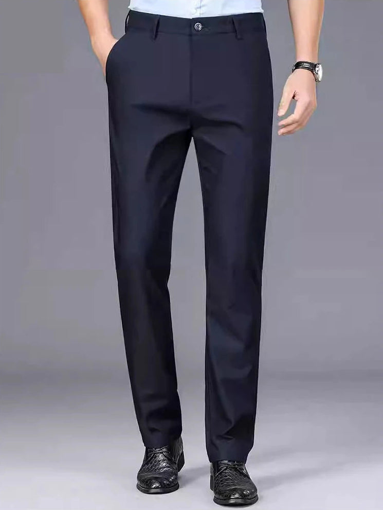 Men's 4-way stretch dress pants, quick dry, navy blue, full length front view