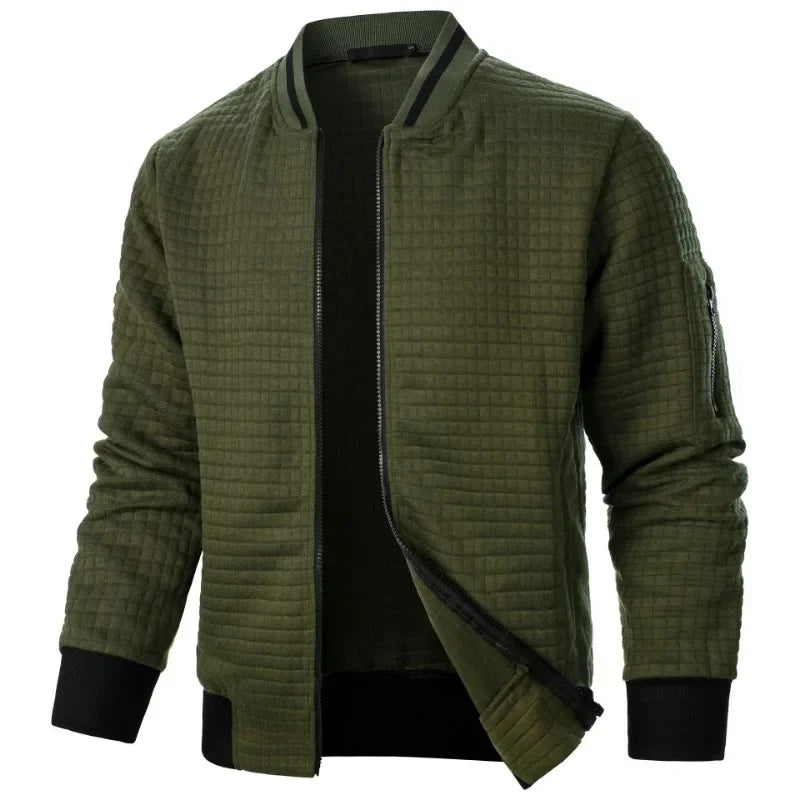 Men's baseball jacket in army green textured fabric with black trim stand-up collar, cuffs and hem - streetwear hoodie jacket, front view open