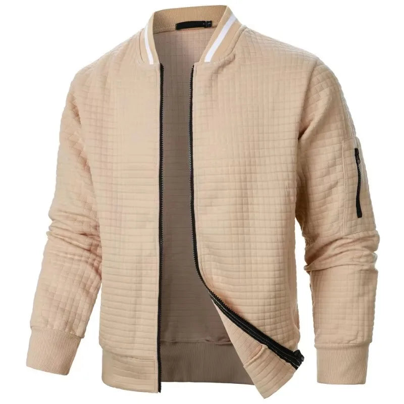 Men's baseball jacket in beige textured fabric with white striped stand-up collar and full zipper - streetwear hoodie jacket, side angle view