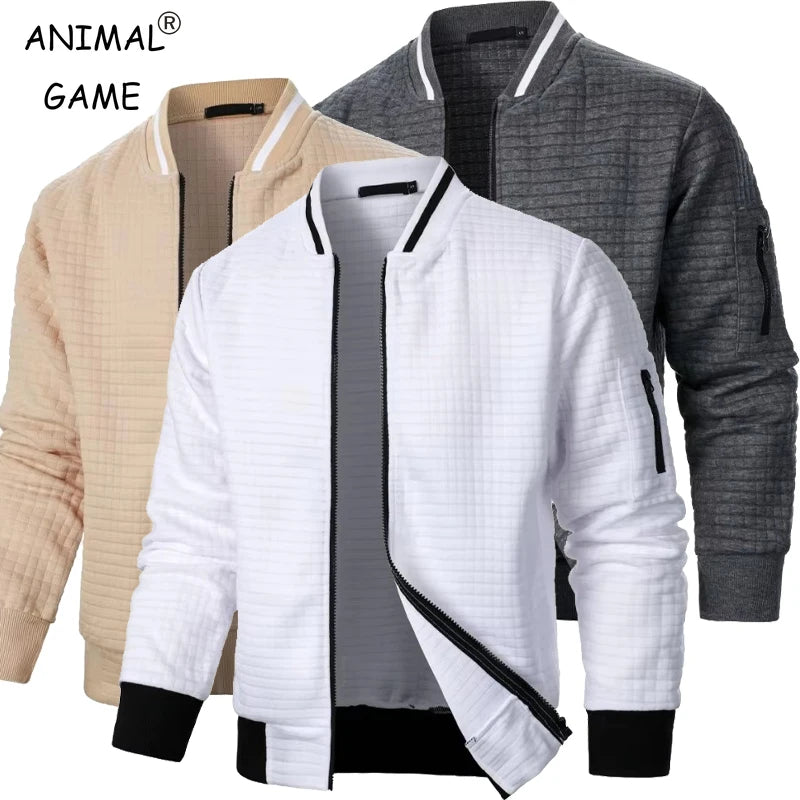 Men's baseball jacket with stand-up collar and full zipper in beige, white and dark gray - streetwear hoodie jacket, front view