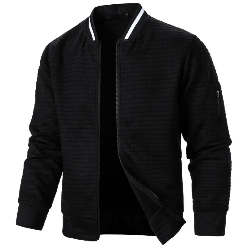 Men's baseball jacket in black with white striped stand-up collar and full zipper - streetwear hoodie jacket, front view open