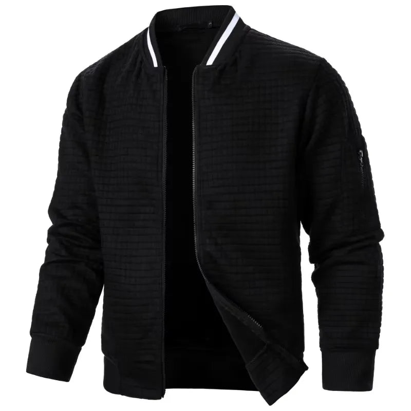 Men's baseball jacket in black with white striped stand-up collar and full zipper - streetwear hoodie jacket, side angle view
