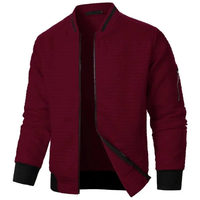 Men's baseball jacket in burgundy with black trim stand-up collar, cuffs and hem - streetwear hoodie jacket, front view open