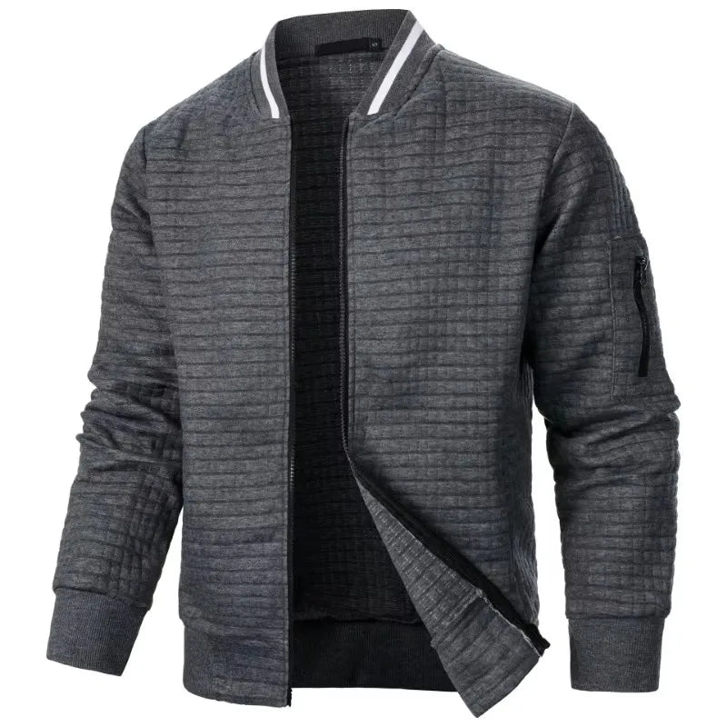 Men's baseball jacket in dark gray heathered textured fabric with white striped stand-up collar and full zipper - streetwear hoodie jacket, side angle view