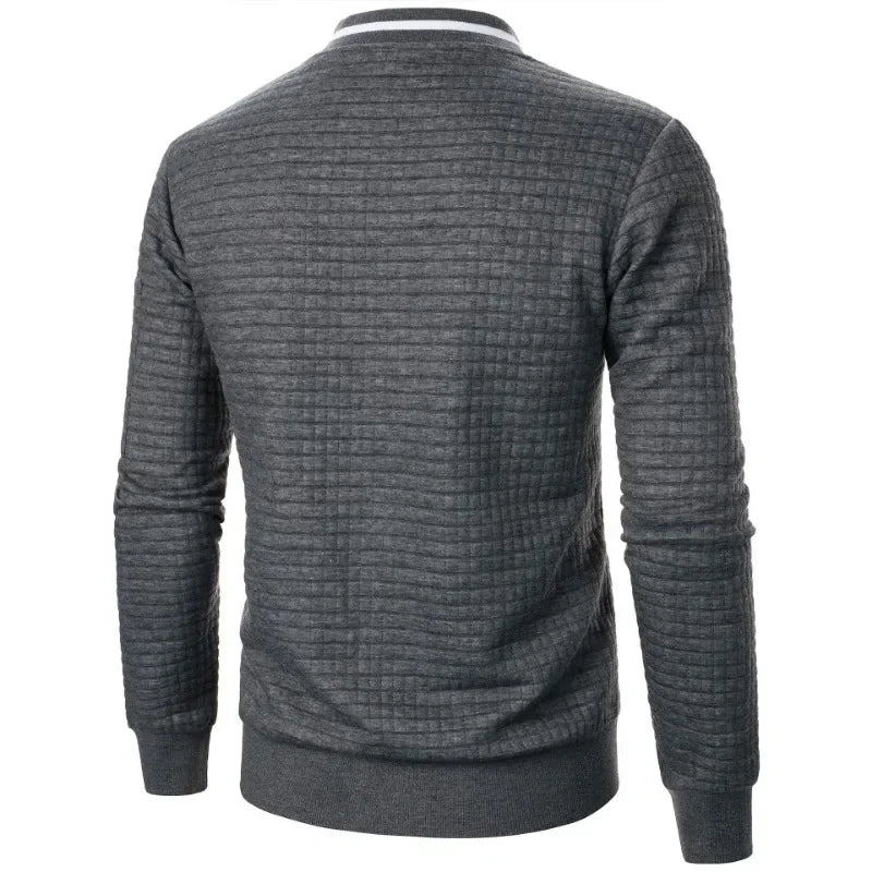 Men's baseball jacket in dark gray textured fabric with white striped stand-up collar - streetwear hoodie jacket, back view