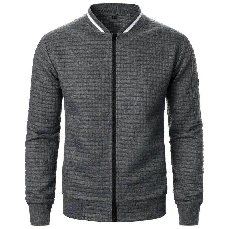 Men's baseball jacket in dark gray textured fabric with white striped stand-up collar and full zipper - streetwear hoodie jacket, front view closed