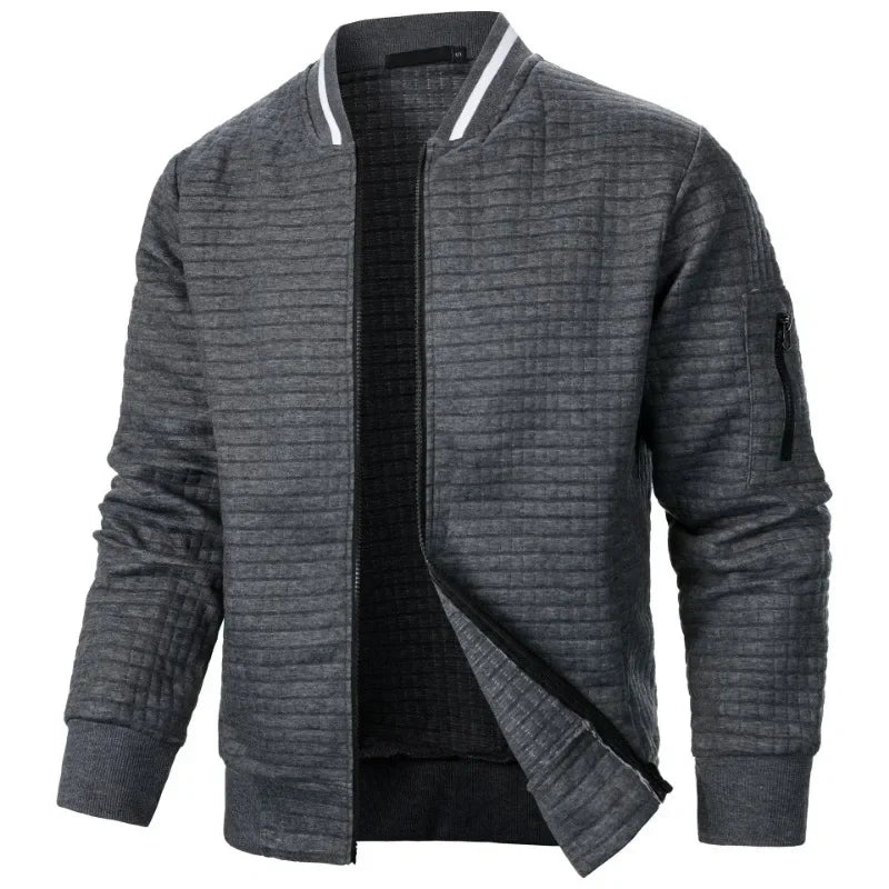 Men's baseball jacket in dark gray textured fabric with white trim stand-up collar and full zipper - streetwear hoodie jacket, front view open