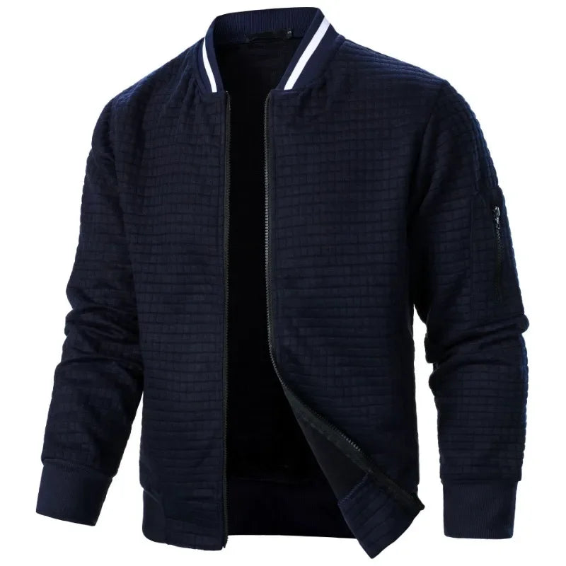 Men's baseball jacket in navy blue with white striped stand-up collar and full zipper - streetwear hoodie jacket, front view open