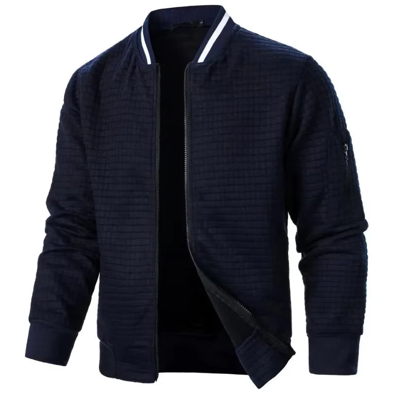 Men's baseball jacket in navy blue with white striped stand-up collar and full zipper - streetwear hoodie jacket, side angle view