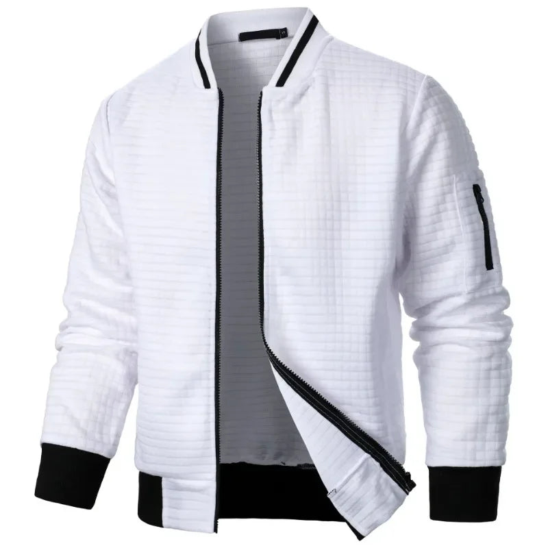 Men's baseball jacket in white with black trim stand-up collar and full zipper - streetwear hoodie jacket, front view open