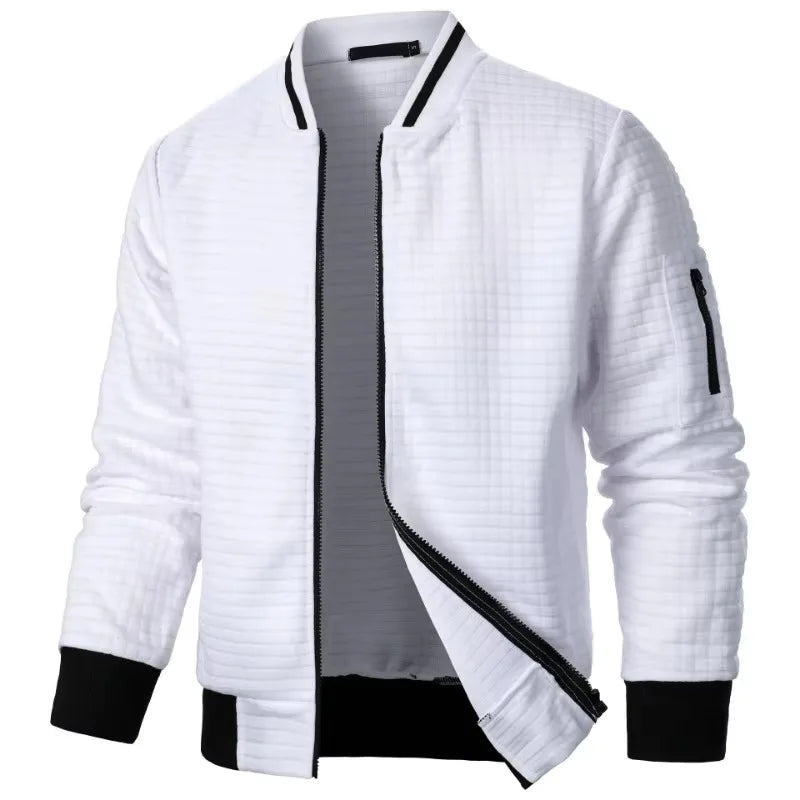 Men's baseball jacket in white with black trim stand-up collar, cuffs and hem - streetwear hoodie jacket, side angle view