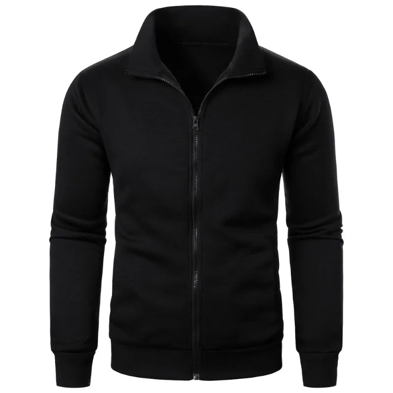 Men's baseball style autumn jacket in black with stand-up collar and full zipper - casual streetwear hoodie, front view
