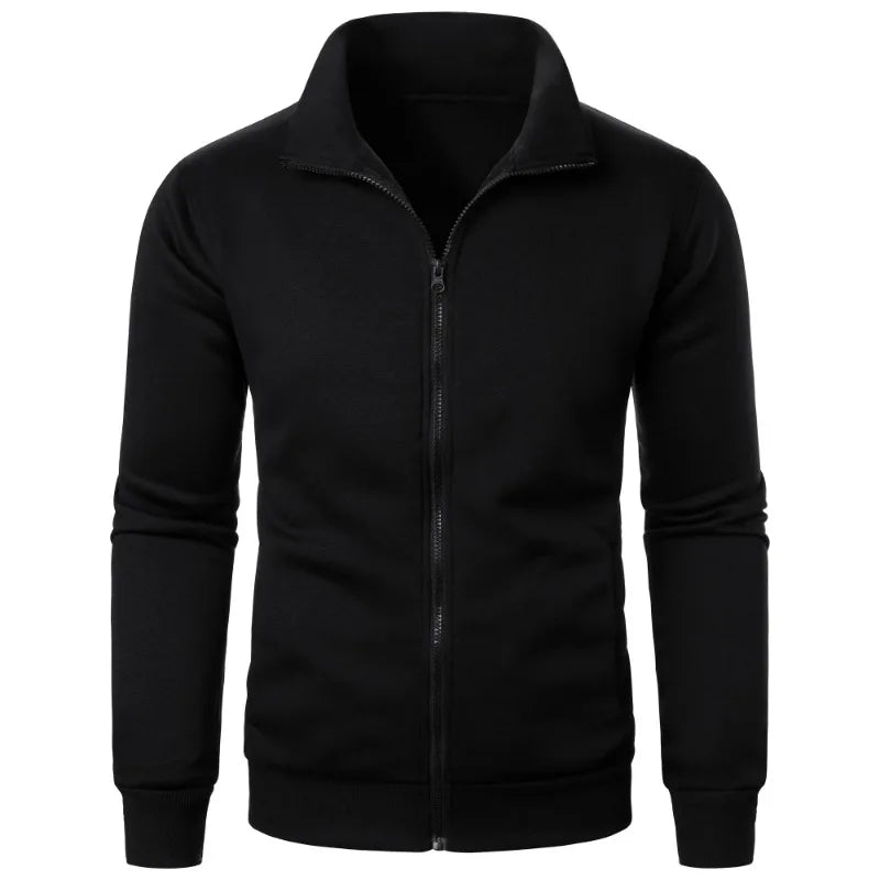 Men's baseball style autumn jacket in black with stand-up collar and full zipper - casual streetwear hoodie, front view