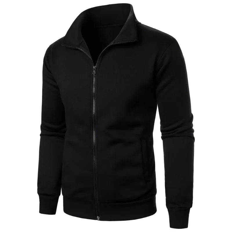Men's baseball style autumn jacket in black with stand-up collar and full zipper - casual streetwear hoodie, side angle view