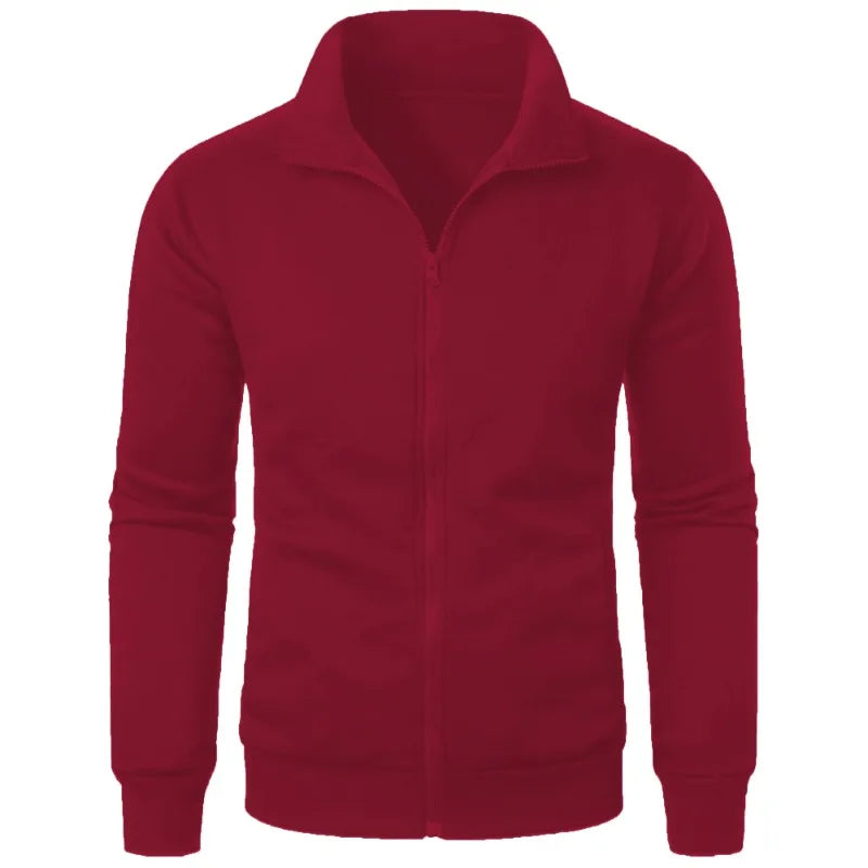Men's baseball style autumn jacket in burgundy wine red with stand-up collar and full zipper - casual streetwear hoodie, front view