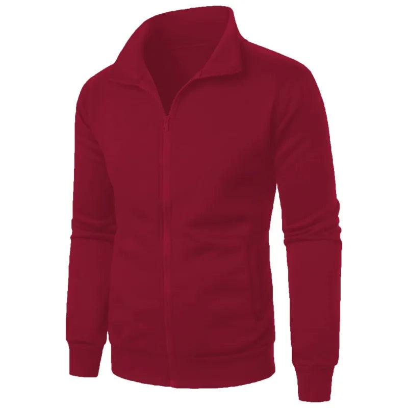 Men's baseball style autumn jacket in burgundy wine red with stand-up collar and full zipper - casual streetwear hoodie, side angle view