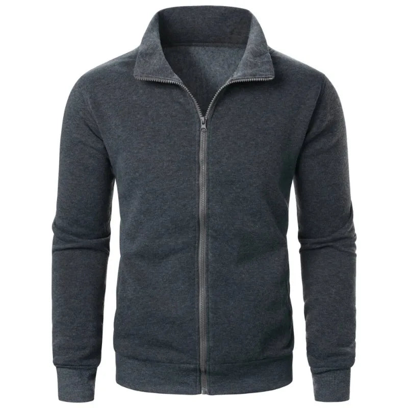 Men's baseball style autumn jacket in dark gray heathered fabric with stand-up collar and full zipper - casual streetwear hoodie, front view