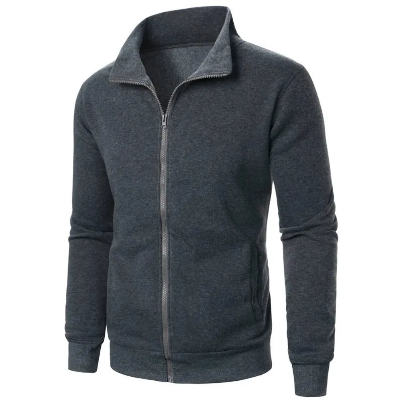 Men's baseball style autumn jacket in dark gray heathered fabric with stand-up collar and full zipper - casual streetwear hoodie, front view