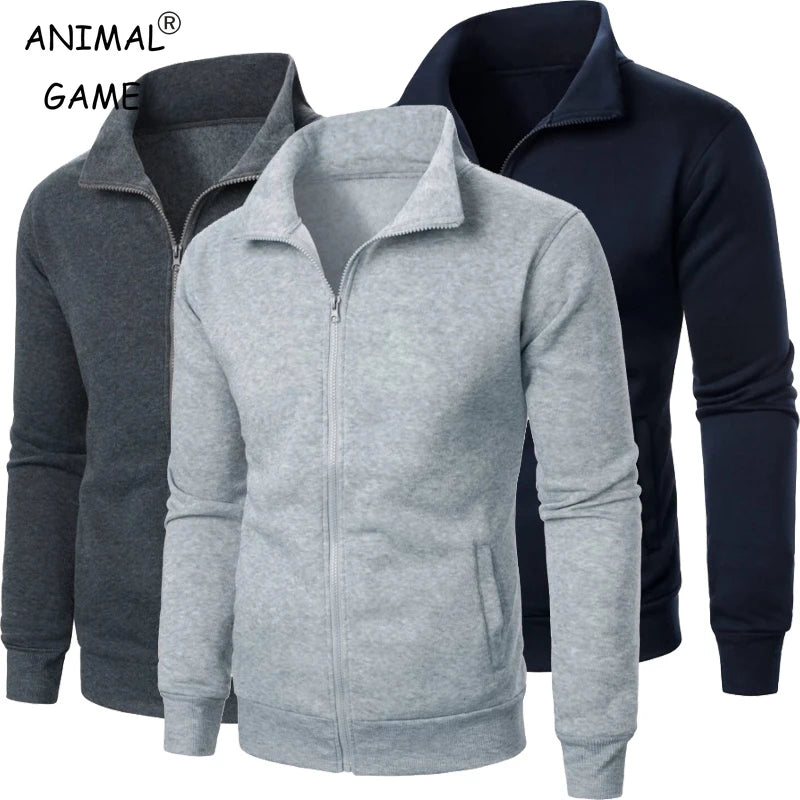 Men's baseball style autumn jacket with stand-up collar and full zipper in light gray, dark gray and navy blue - casual streetwear hoodie, front view