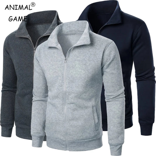 Men's baseball style autumn jacket with stand-up collar and full zipper in light gray, dark gray and navy blue - casual streetwear hoodie, front view